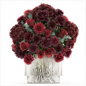 Festive Bouquet Red Flowers Glass Vase Hydrangea 587 3D model