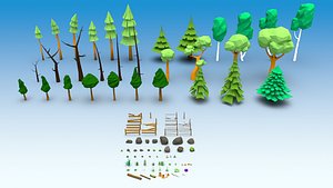 Low Poly Nature Trees stones mushrooms flowers and grass
