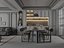 Modelo 3D do interior de um apartamento com sala de estar e jantar em estilo retrô