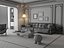 Modelo 3D do interior de um apartamento com sala de estar e jantar em estilo retrô