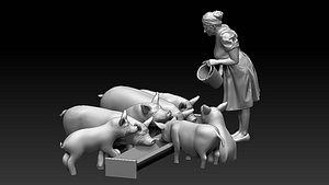 3D woman and pigs