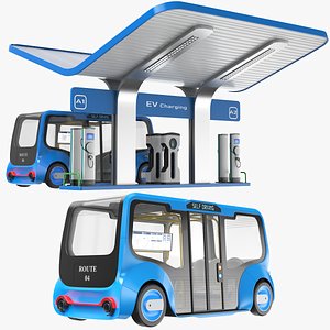 Detailed Electric Car Charger Station With Electric Bus