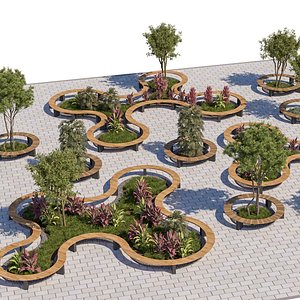 3D Modern Organic Park Bench and Landscaping Set 3D Model
