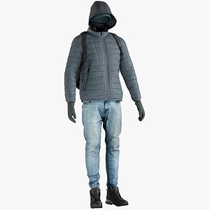Men's Down Jacket with Jeans, Jacket, Gloves, Hat, Backpack and Boots