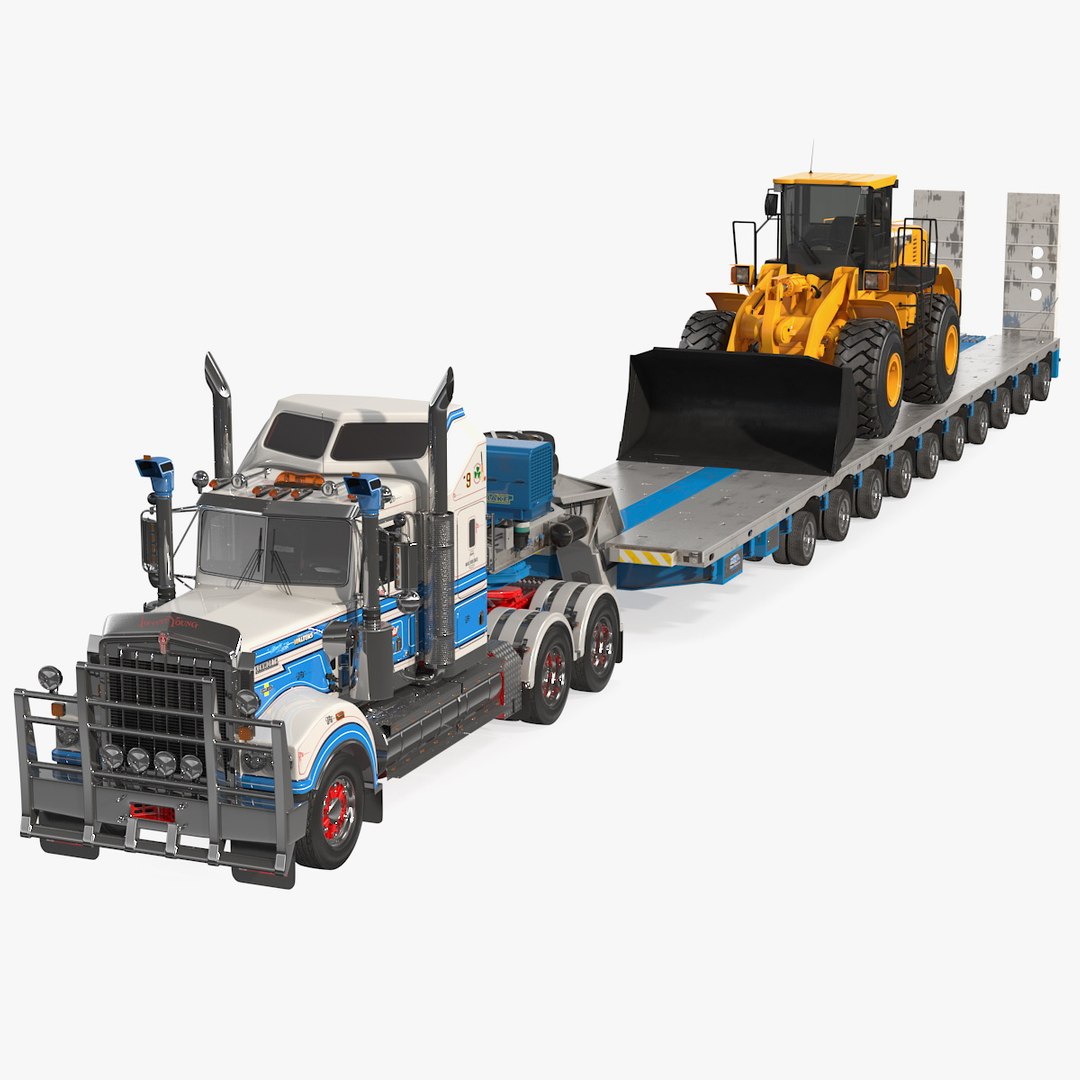 Kenworth T900 with Drake Steerable Trailer and Hyundai Loader 3D model preview