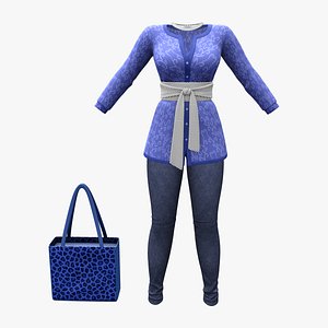 Blue Tone Top Necklace Jeans Bag Outfit 3D model