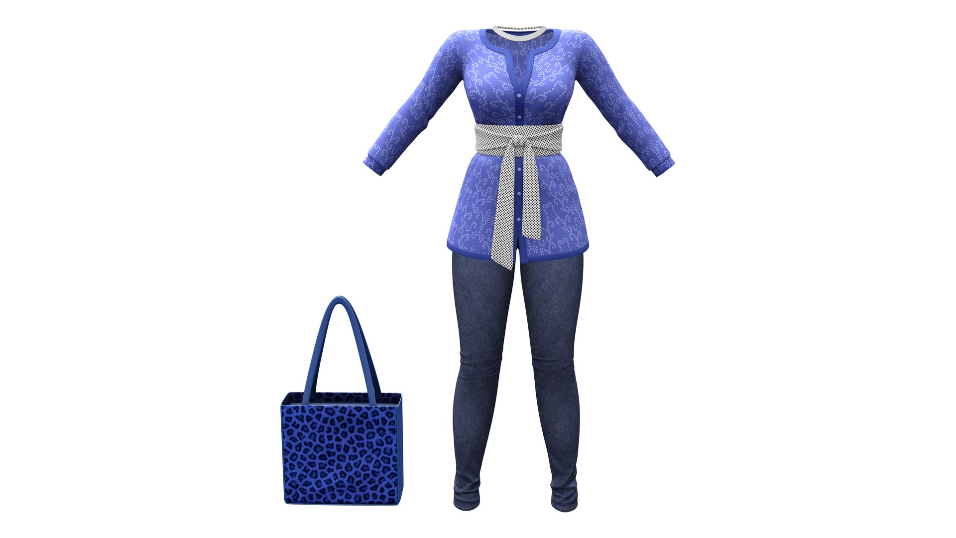Blue Tone Top Necklace Jeans Bag Outfit 3D model TurboSquid 1965317