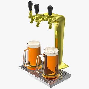 Triple Tap Brass Draft Beer Tower with Beer Mugs