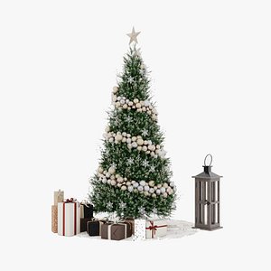 3D Christmas Tree 4 with gifts and old wooden lamp New year