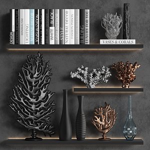Decorative set of organic coral with books and vases. 29 elements