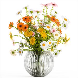3D Bouquet of wildflowers chamomile daisies in a vase 415 model