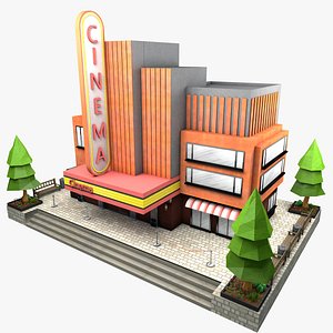 Low-Poly Cinema with Benches Trees and Details