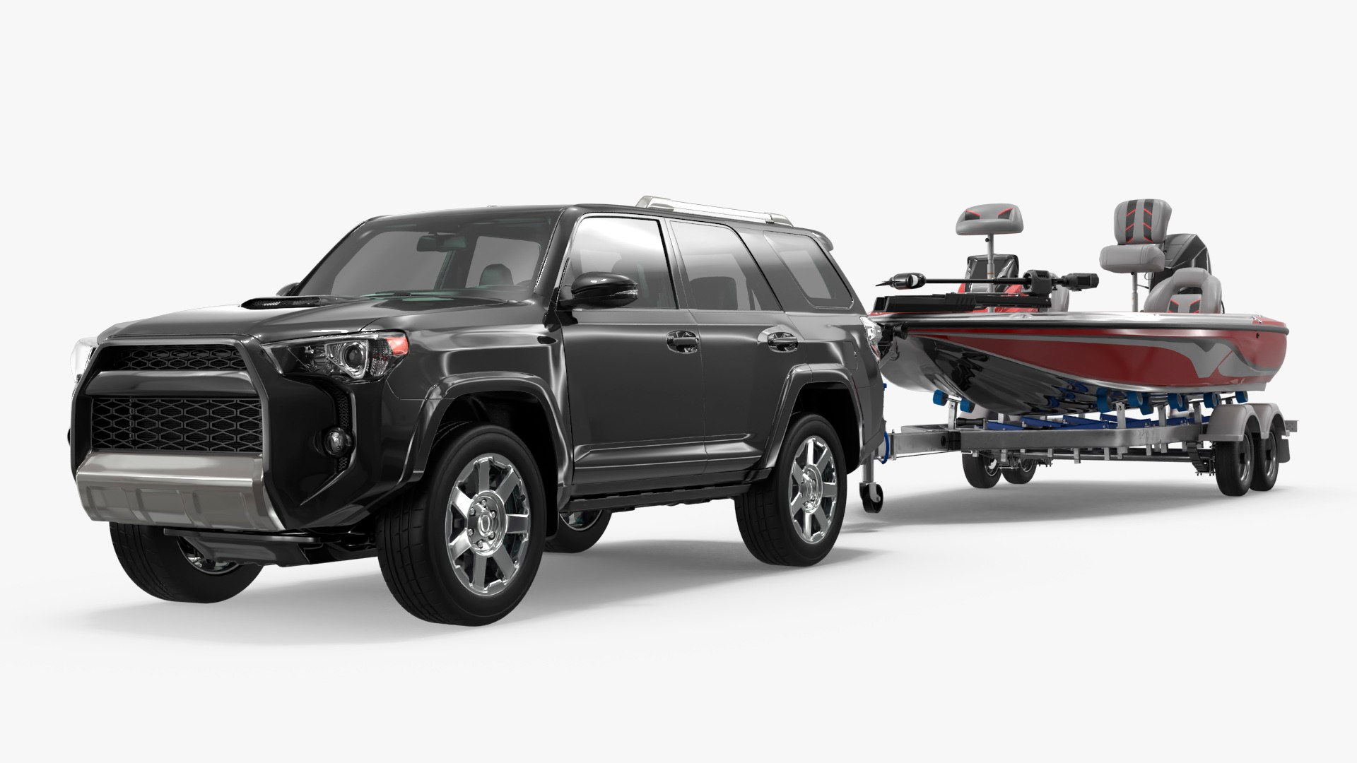 Sport Fishing Boat On Trailer With SUV Red