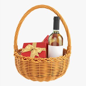 3D Wine bottle in wicker wooden basket 03