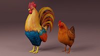 Low Poly Rooster and Hen Rigged