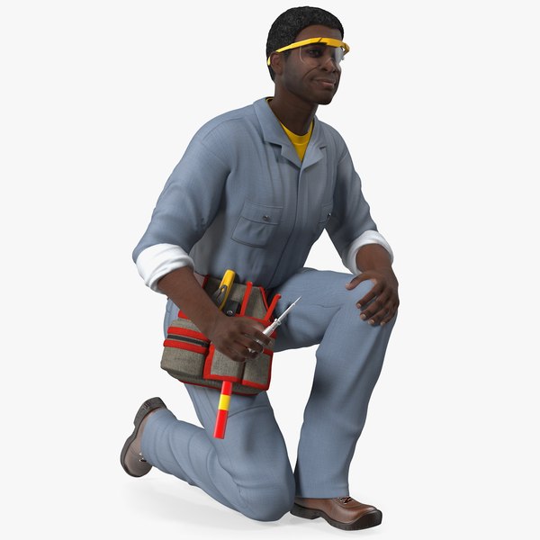 3D model Dark Skin Black Man Electrician Inspecting Pose
