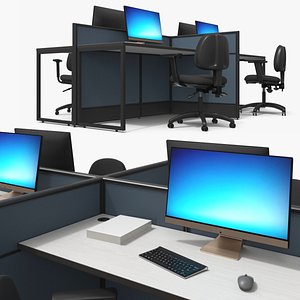 Modular Office Workstation System with Chairs and PCs 3D model