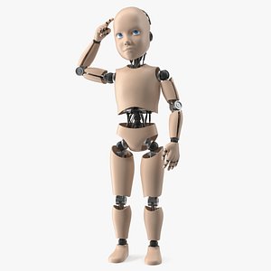 3D Humanoid Cyborg Child in Thinking Pose