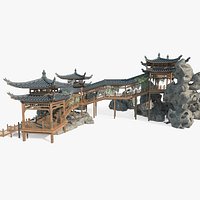 Ancient Asian pavilion and rockery landscape
