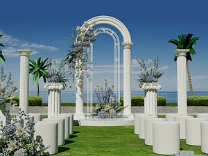 Seaside Wedding Arch with White Columns and Ocean View 3D