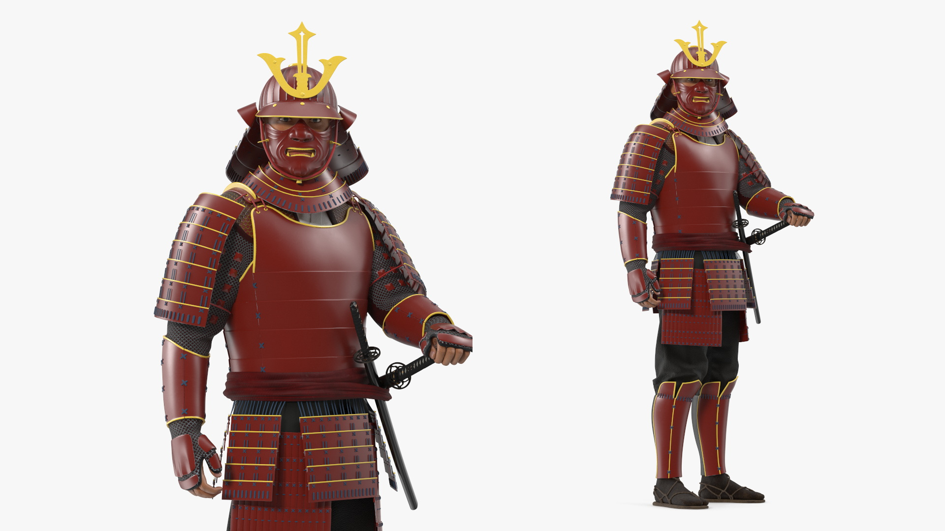 modèle 3D de Samouraï de la période Sengoku en position de combat rouge ...