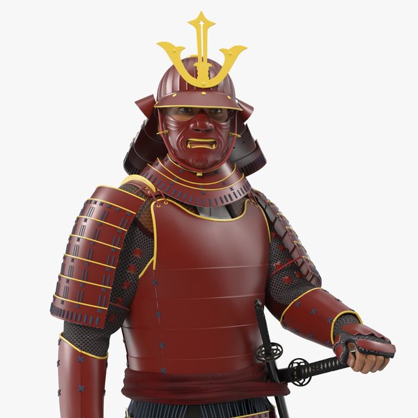 modèle 3D de Samouraï de la période Sengoku en position de combat rouge ...