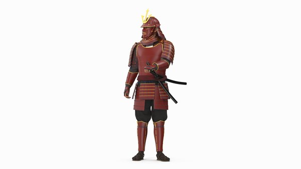 modèle 3D de Samouraï de la période Sengoku en position de combat rouge ...