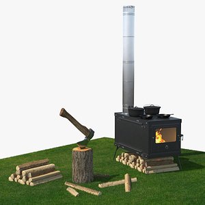 3D Outdoor Wood Stove with Fire and Cooking Pots Black Fur