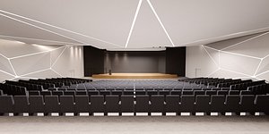 3D Modern Conference Hall with Curved Stage and LED Lighting
