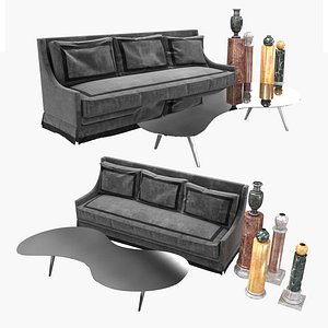 Three seat custom sofa and Arad low center table and columns pedestals with vases