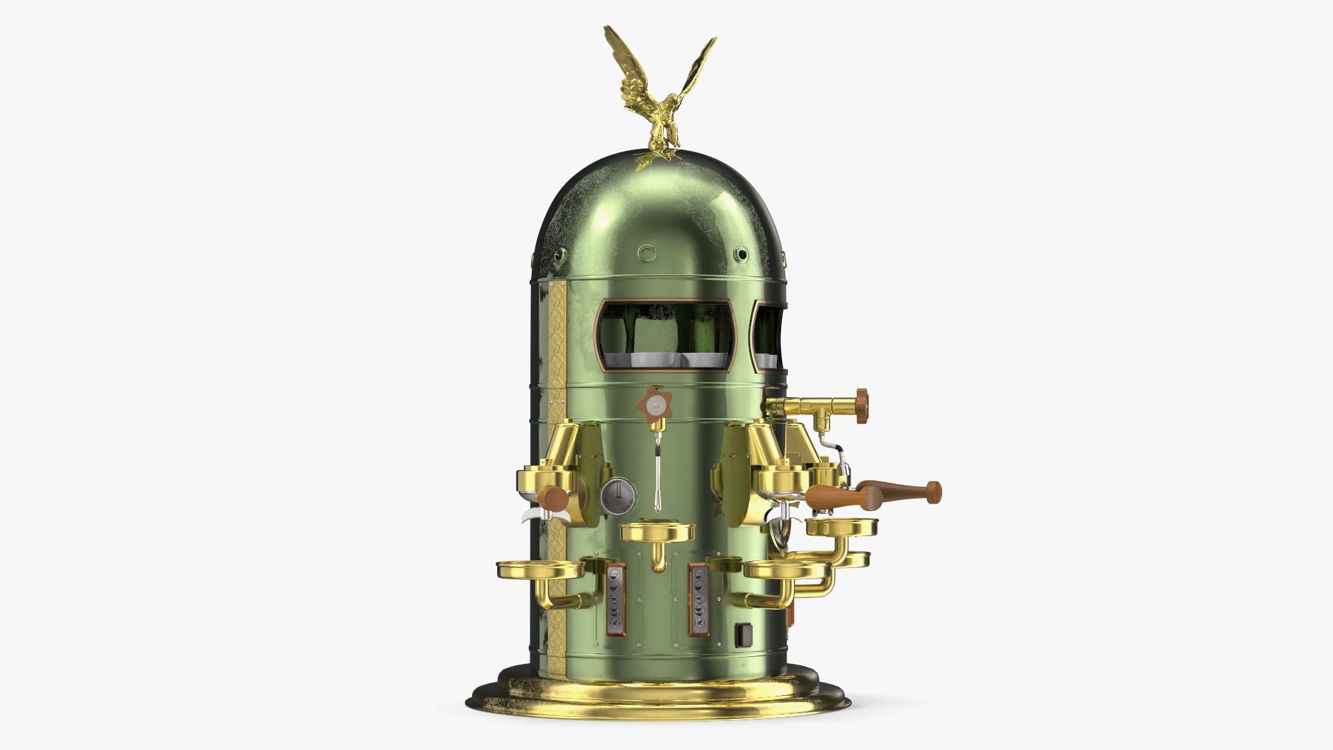 Vintage Espresso Machine With Empty Cups Green 3D model for industrial visualization, technical presentation, simulation, product rendering, and animation