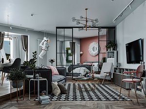 3D Modern Apartment Living Room with Astronaut Decor 3D Model