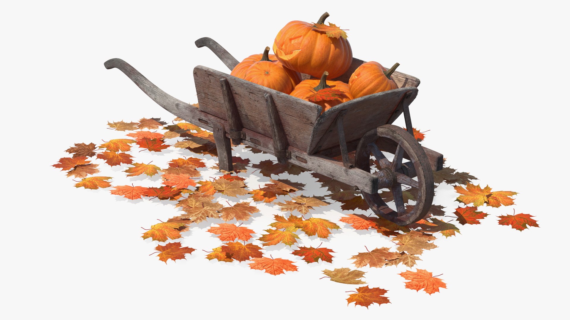 Carved Fall Pumpkin Lanterns in Old Wheelbarrow 3D model preview