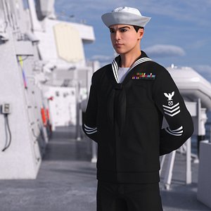 US Navy Asian Sailor in Black Uniform Standing Pose 3D model