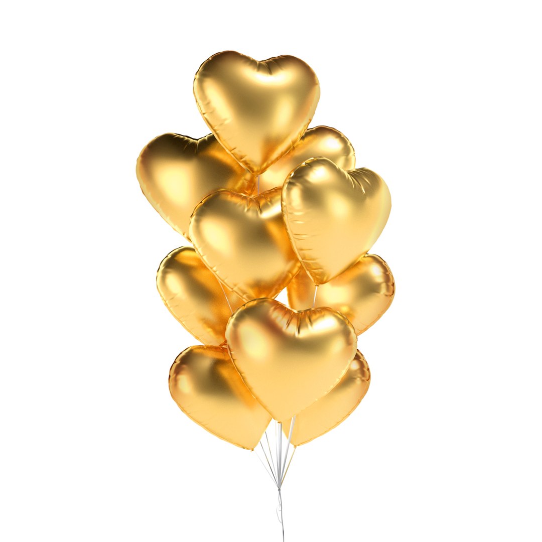3D Model Gold Heart Balloon Bouquet - Helium Foil Balls Bunch ...