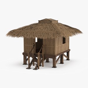 3D Elevated Bamboo Hut with Thatched Roof