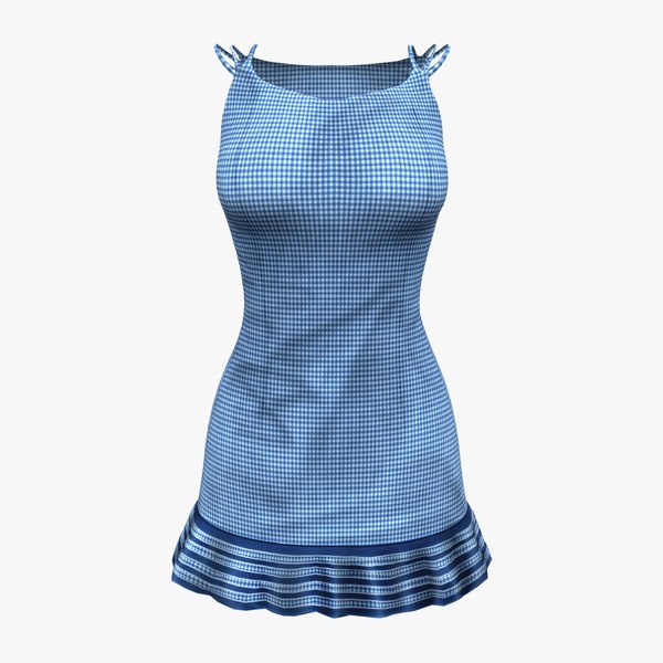 Blue Checkered Pattern Casual Midi Dress With Straps 3D model