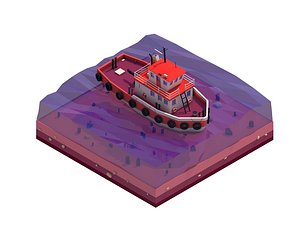 Cartoon Low Poly Tugboat Illustration