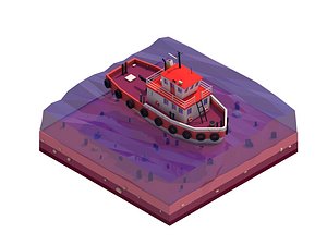 Cartoon Low Poly Tugboat Illustration
