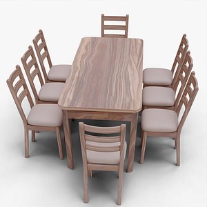 Realistic Wooden Dining Table with 8 Cushioned Chairs - PBR Textured Furniture 3D Model for Interior
