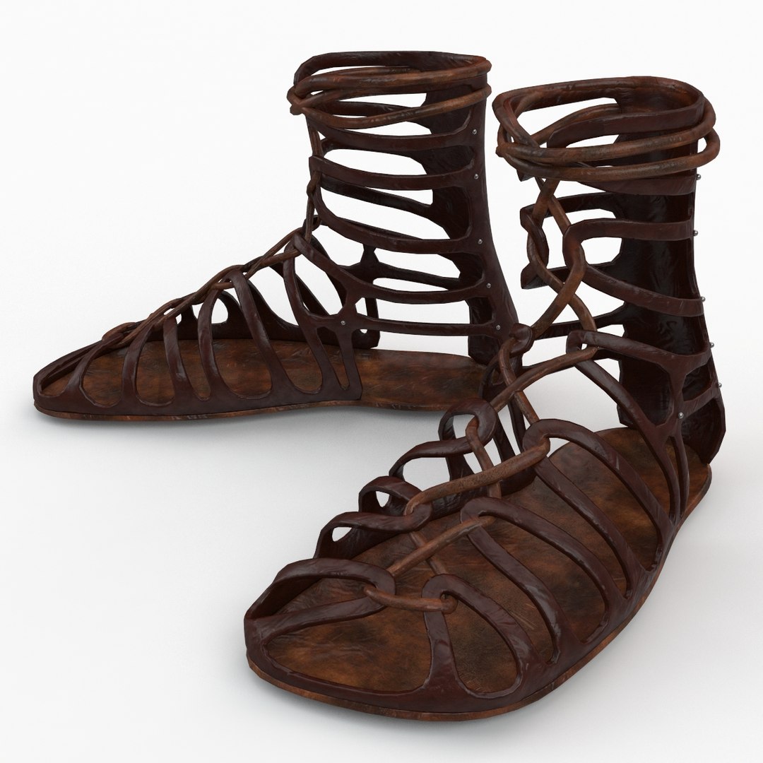 Shoes, boots and sandals of ancient Rome. Cothurnus boot 1, rustic sandal  2, open-toe shoe 3, centurion's sandal 4, spiked sandal for marching 5,  nailed sandal sole 6, shoe sandal 7, emperor's