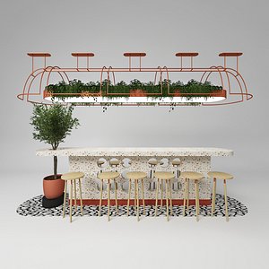 Restaurant Central Island Bar Counter plant Climbing Vines Potted Plants Bar Stools Bubble Tea Shop 3D model