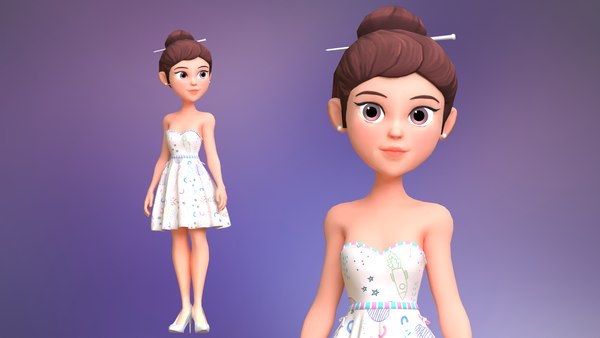 3D Cartoon Girl Character White Dress