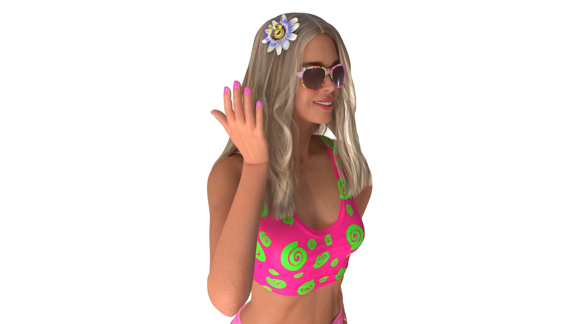 Fashionable Female with Sunglasses and Flower Accessory 3D model preview