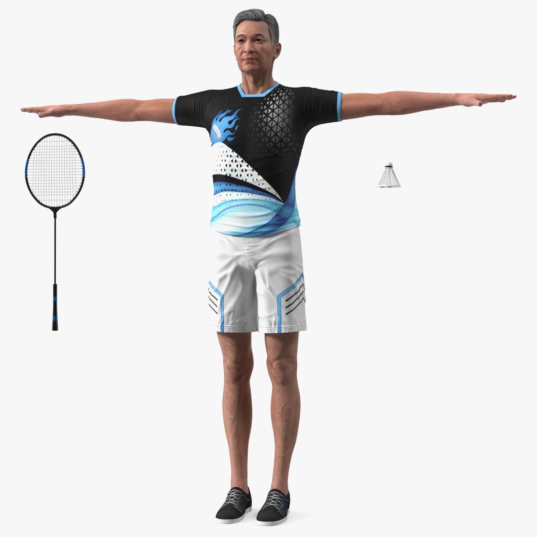 Asian Elderly Man Badminton Style T-pose 3D model preview