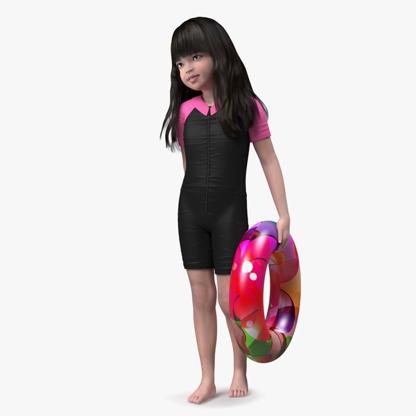 Chinese Baby Girl in Swimsuit Walks with Inflatable Toy 3D