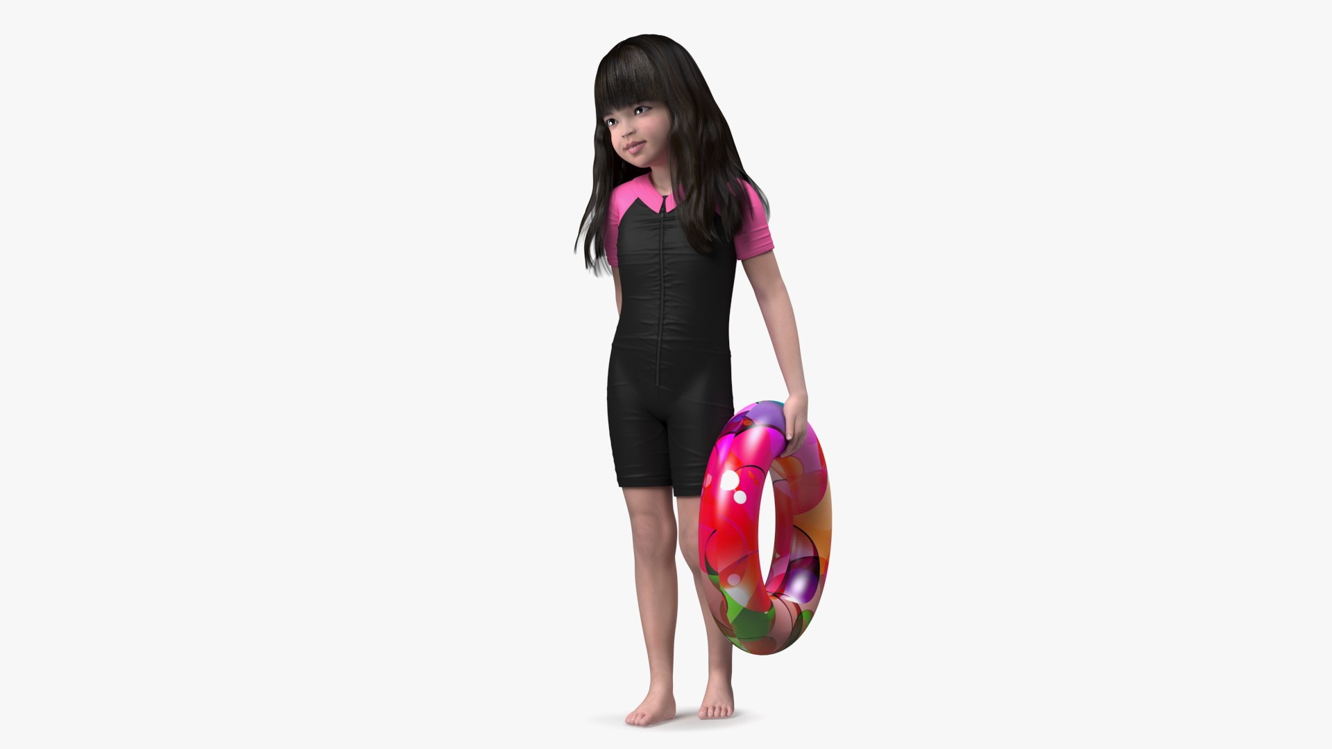 Chinese Baby Girl in Swimsuit Walks with Inflatable Toy 3D model preview