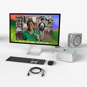 3D Mac Studio 2022 with keyboard mouse trackpad and airPods Max