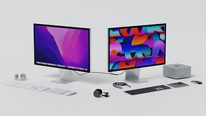 3D Mac Studio 2022 with keyboard mouse trackpad and airPods Max