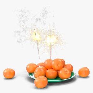 Plate of New Year with Tangerines and Sparklers 3D model